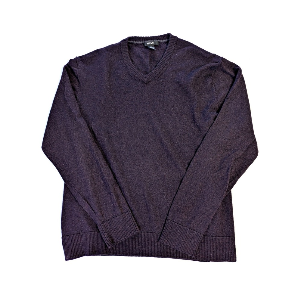 Alfani Mens V-Neck Sweater Large 100% Merino Wool Burgundy Plum Purple Pullover